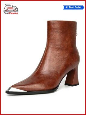 ✨ Pointed Toe Ankle Boots for Women Faux Leather Side Zipper Chunky Heels Fall